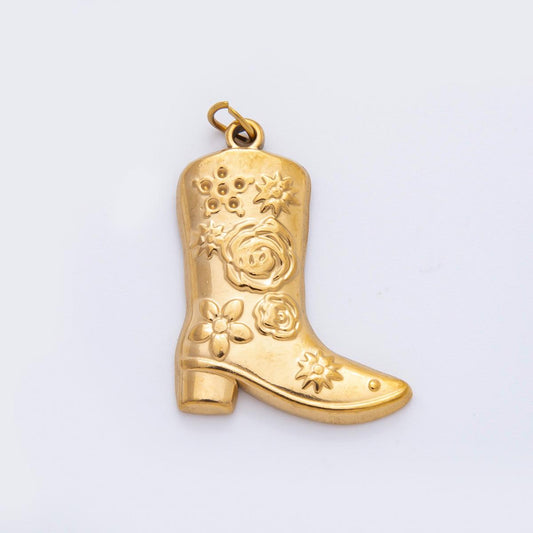 PVD Gold Stainless steel artisan engraved cowboy boots shoes charm in gold | C-052