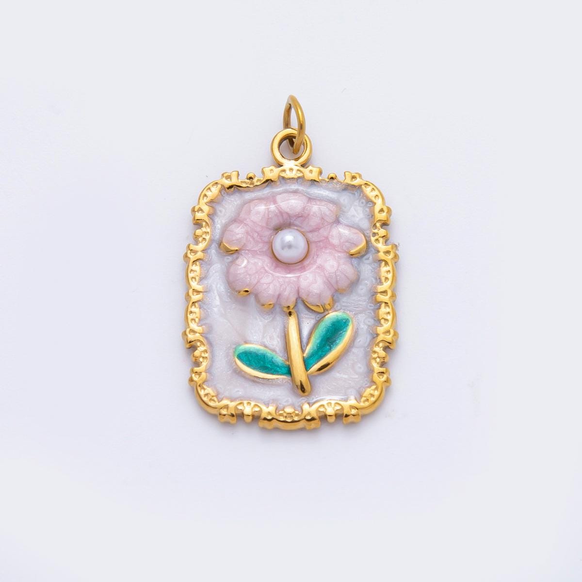 Stainless steel gold Flower Charm necklace pendant Pink Daisy Floral charm for Charm Necklace Bracelet Supply C-095