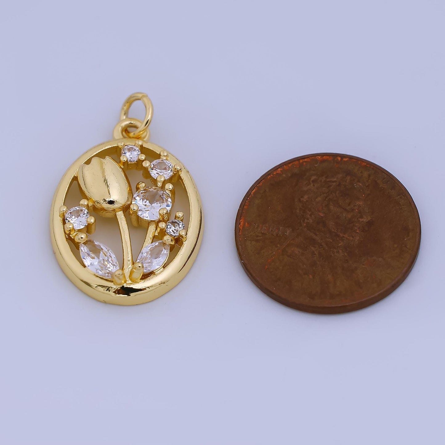 24K Gold Filled 22mm Micro Paved CZ Icy Frost Tulip Flower Charm | AH-570