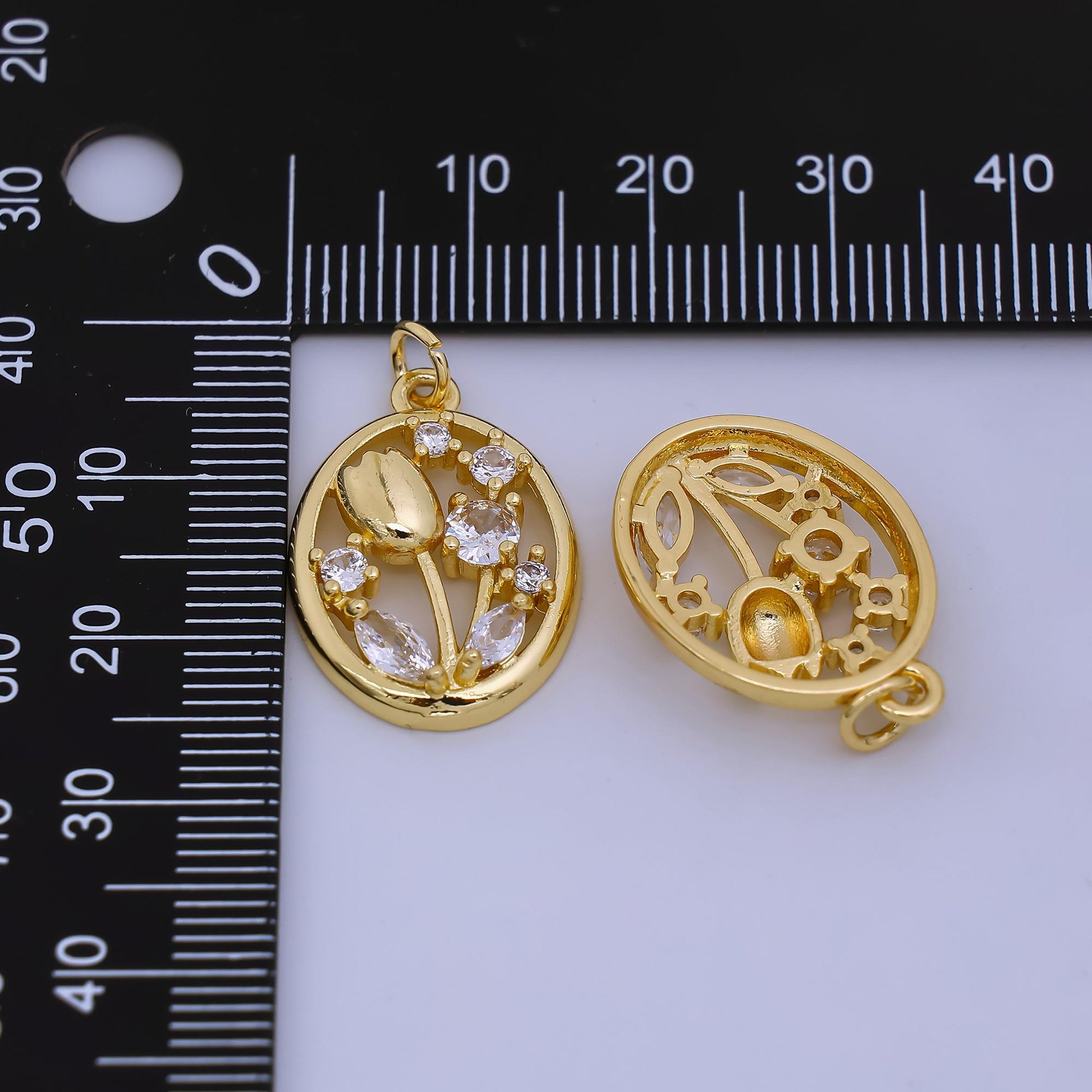 24K Gold Filled 22mm Micro Paved CZ Icy Frost Tulip Flower Charm | AH-570
