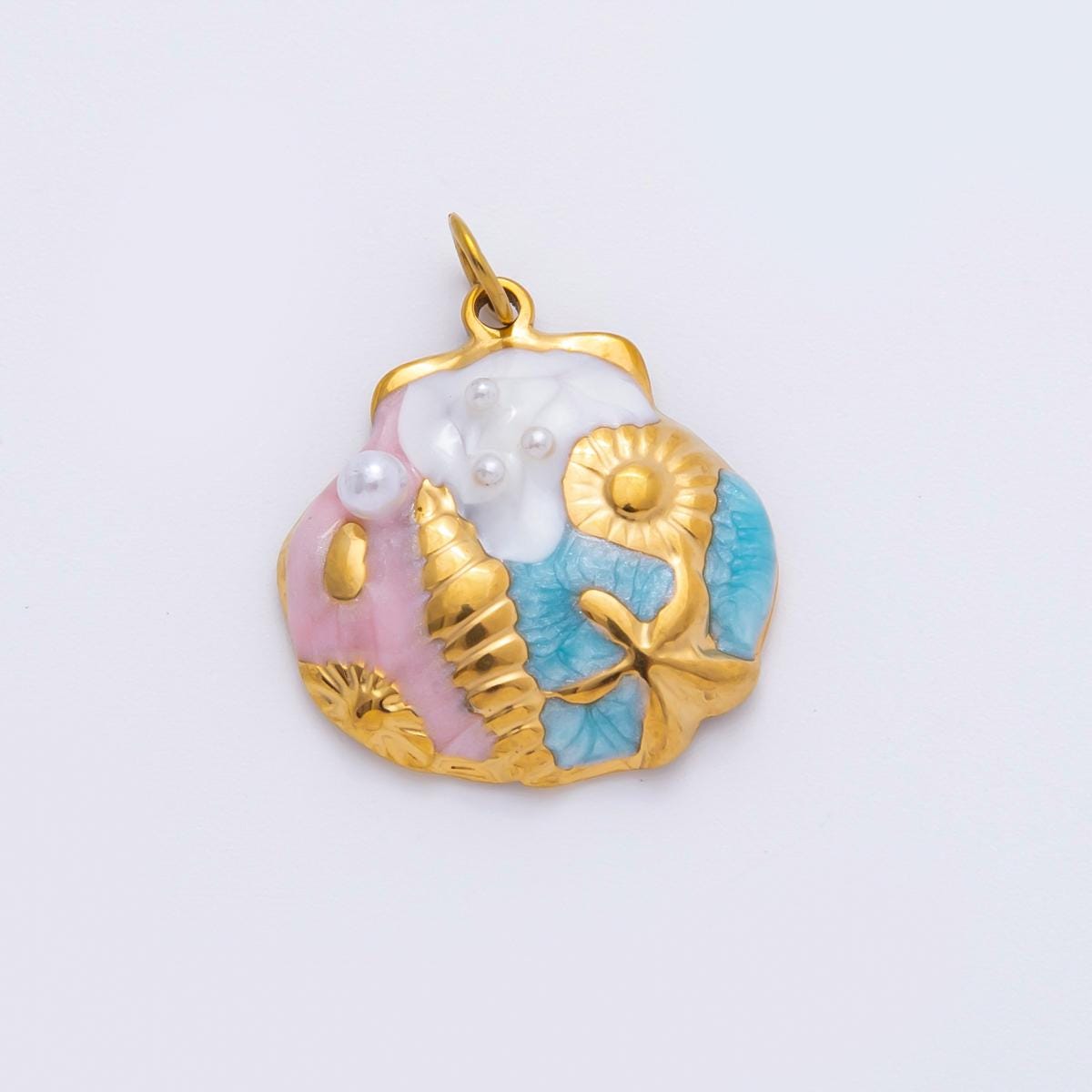 PVD Gold Stainless Steel Colorful Enamel Clam Shell Charm Beach Jewelry Making Supply | AH-947