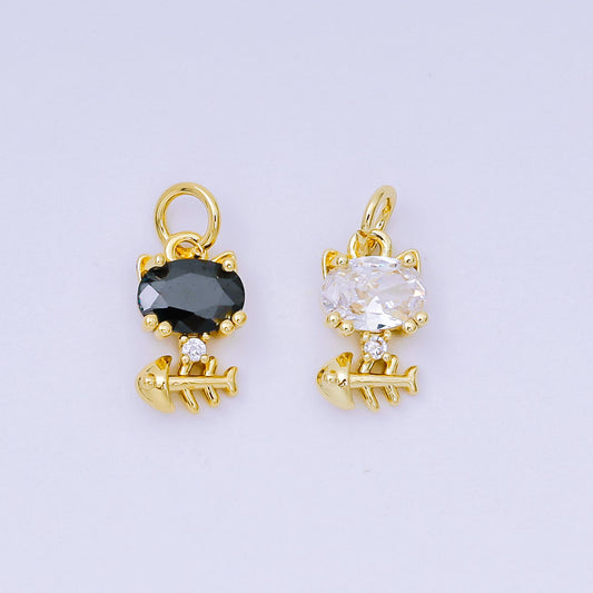 24K Gold Filled 12mm Black & Clear CZ Kitty Cat with Fishbone Animal Charm | AH-581