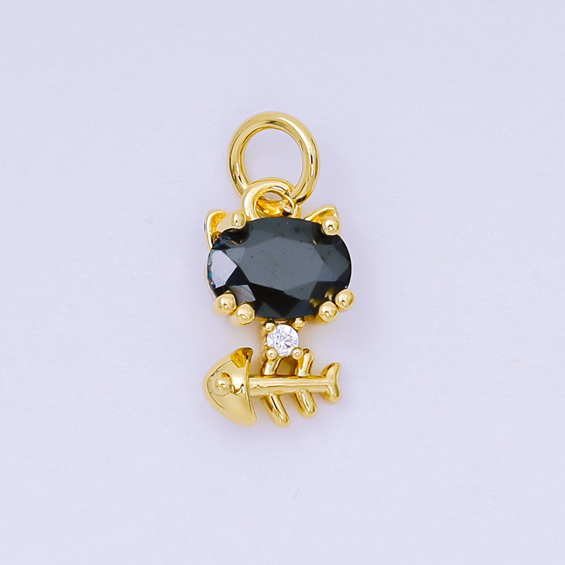 24K Gold Filled 12mm Black & Clear CZ Kitty Cat with Fishbone Animal Charm | AH-581