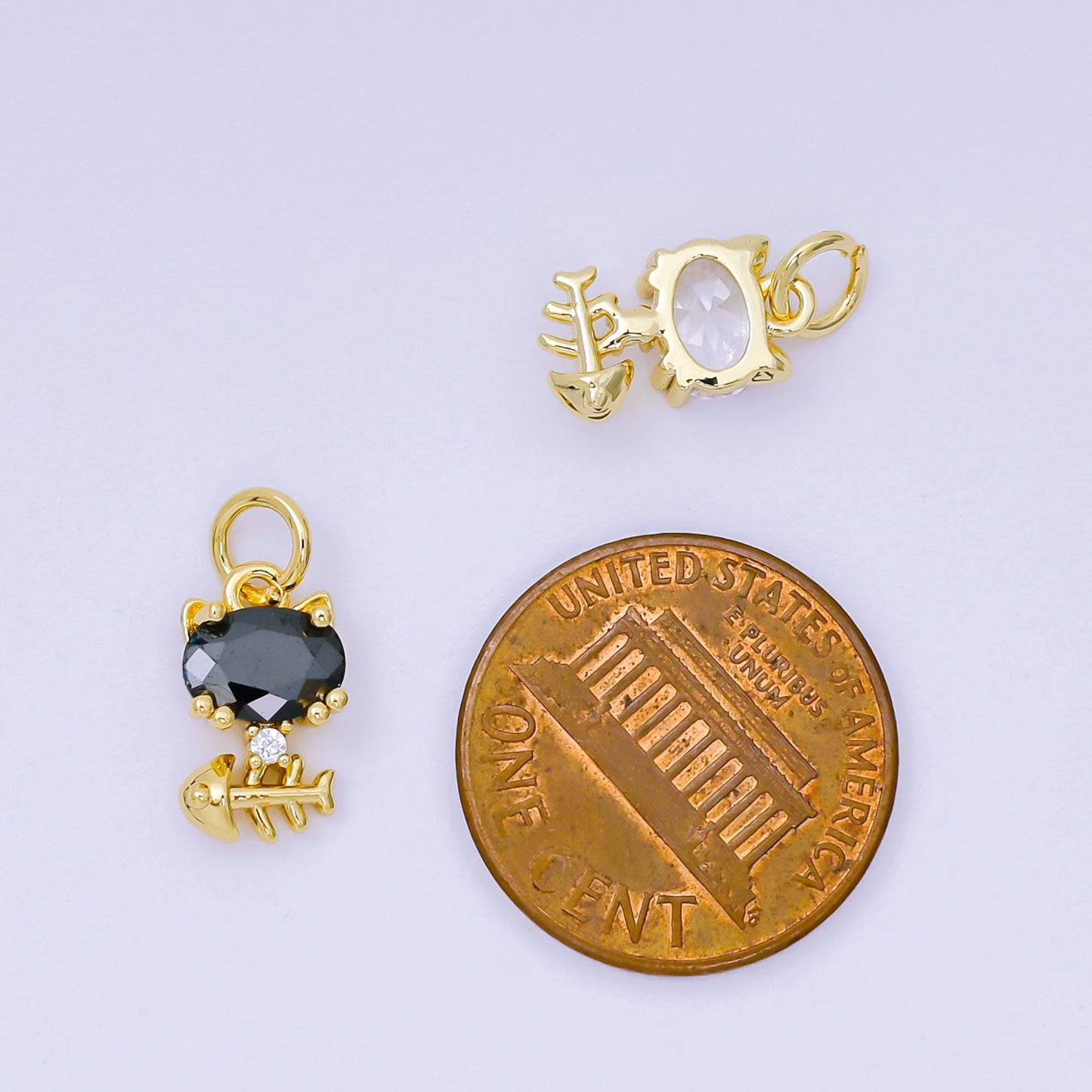24K Gold Filled 12mm Black & Clear CZ Kitty Cat with Fishbone Animal Charm | AH-581