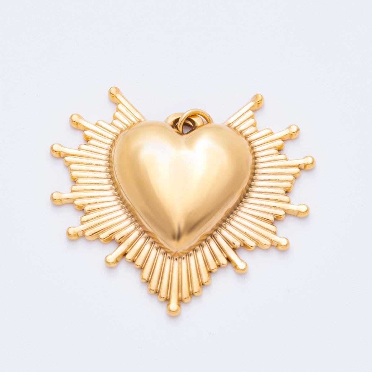 Radiant Gold Heart Pendant with Sunburst Design PVD Gold Stainless Steel Bold Statement Jewelry J-049