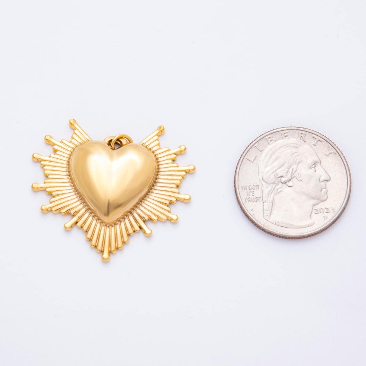 Radiant Gold Heart Pendant with Sunburst Design PVD Gold Stainless Steel Bold Statement Jewelry J-049