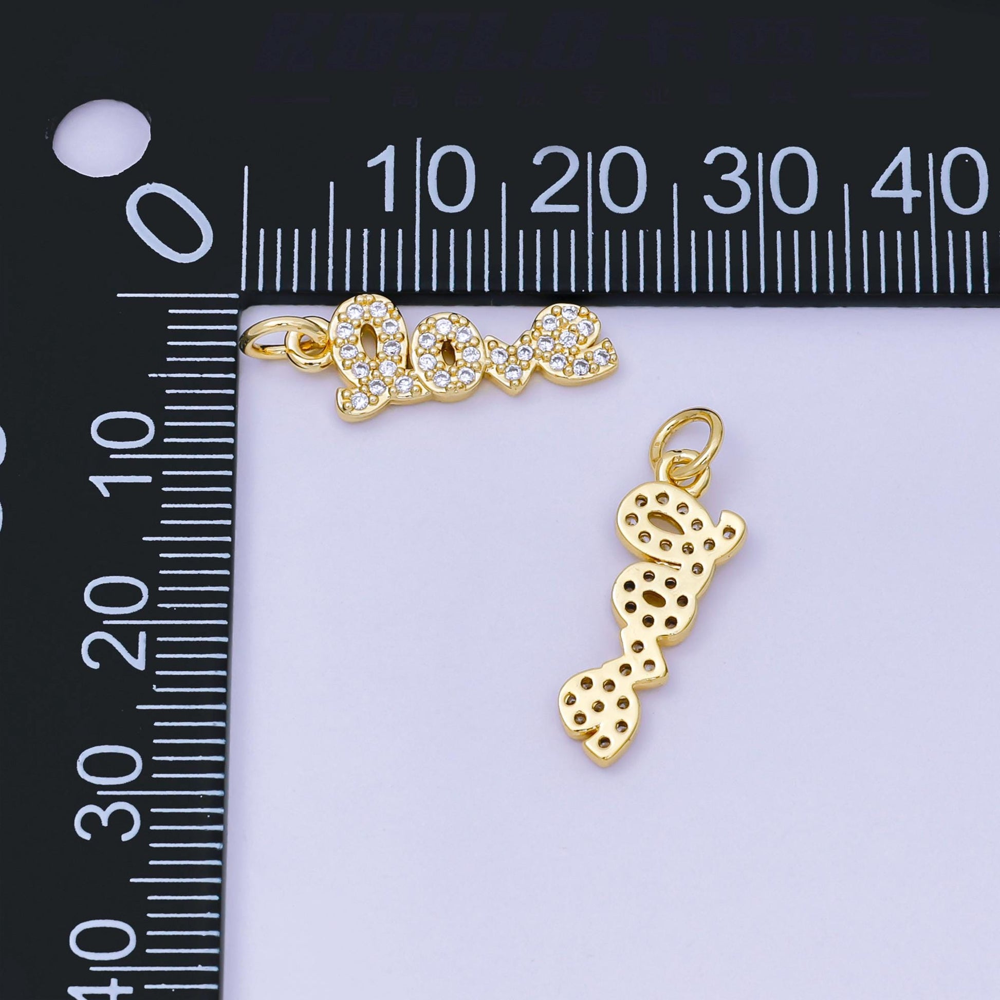 24K Gold Filled 19mm Micro Paved CZ Love Script Tag Valentine Romantic Charm | AH-568