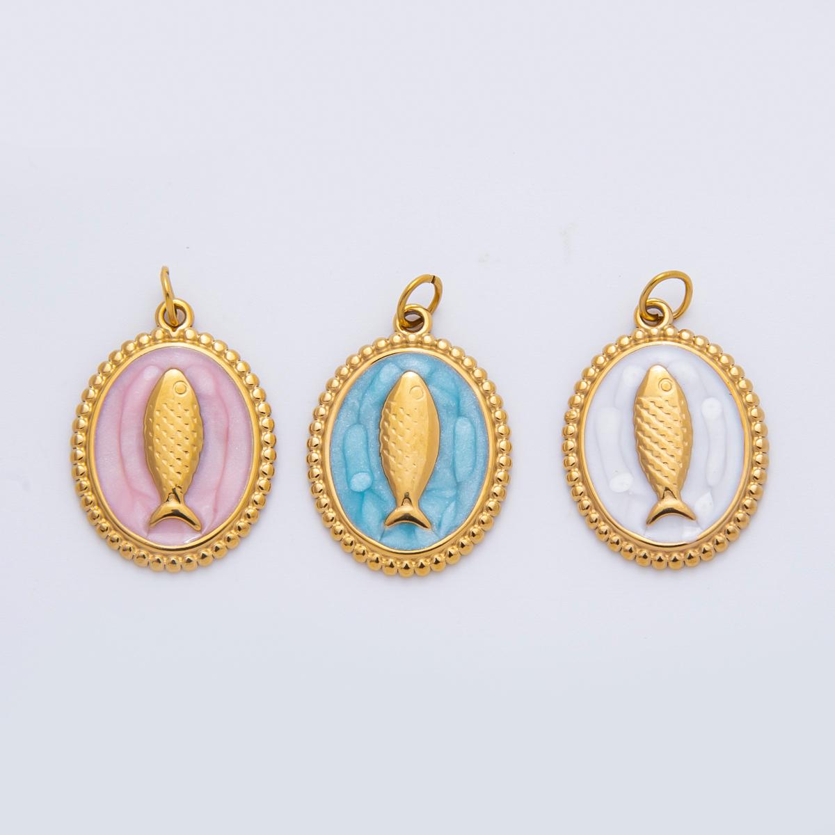 Enamel Stainless steel 27mm fish Oval Charm minimalist Pendant in gold sardine fish jewelry | C-277