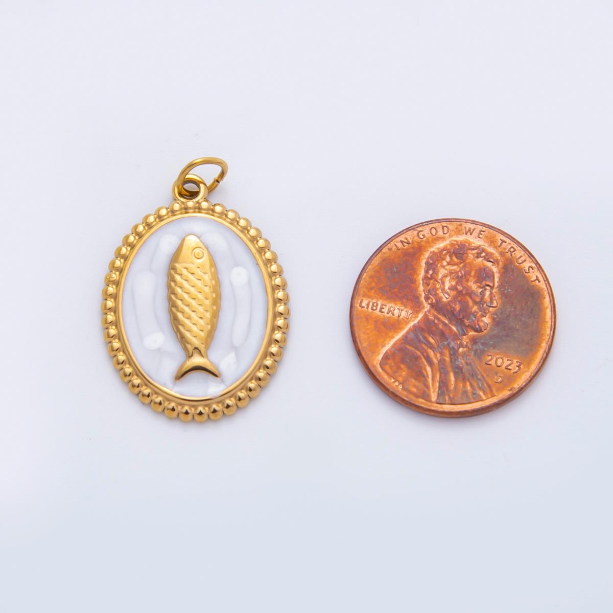 Enamel Stainless steel 27mm fish Oval Charm minimalist Pendant in gold sardine fish jewelry | C-277