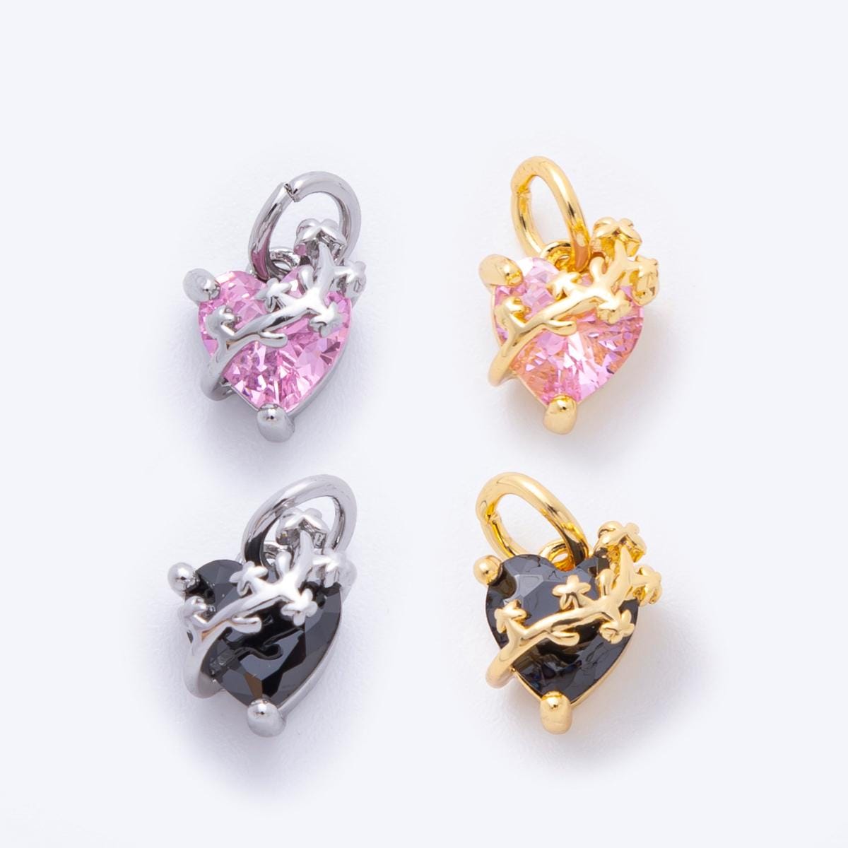 Heart CZ Charms | Pink & Black Crystal Heart Pendant with Vine Design | Jewelry Making Supplies C-636