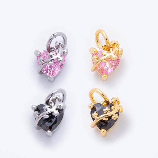 Heart CZ Charms | Pink & Black Crystal Heart Pendant with Vine Design | Jewelry Making Supplies C-636