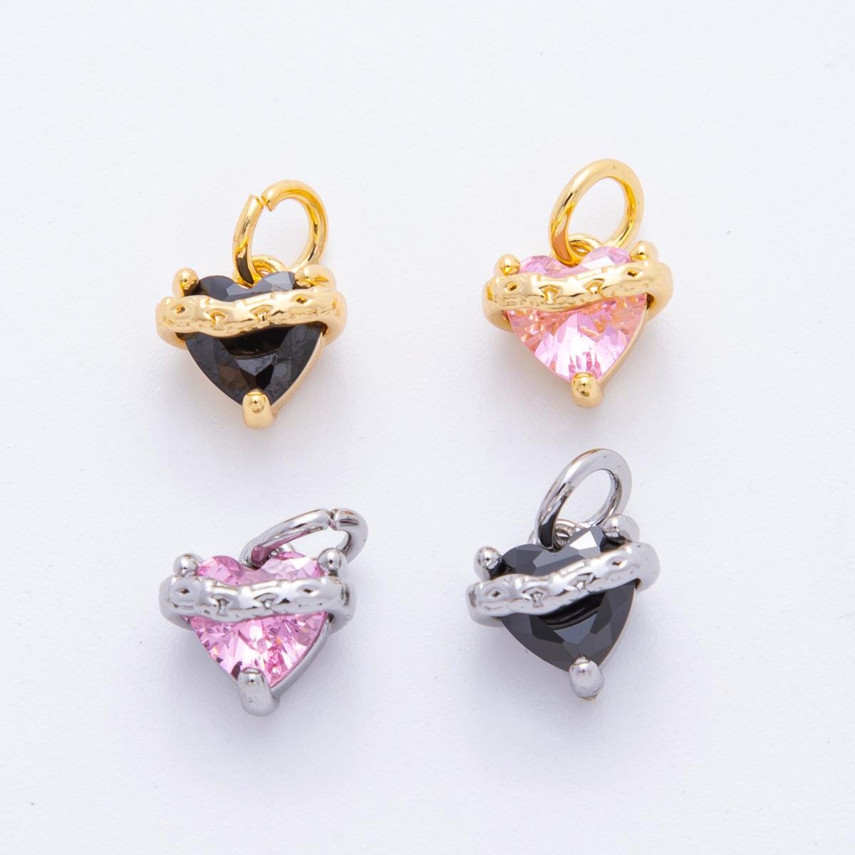 Heart CZ Charms | Pink & Black Crystal Heart Pendant with Rustic Design | Jewelry Making Supplies C-639