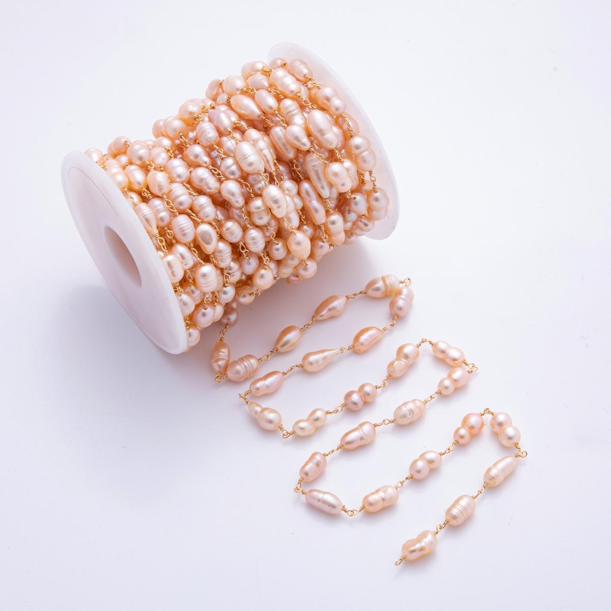 White Pink Purple Color Pearl Rosary Chain 6mm Oval Potato Pearl Beads 18k Gold Filled Rosary Chain, Wire Wrapped Rosary Chain ROLL-1706