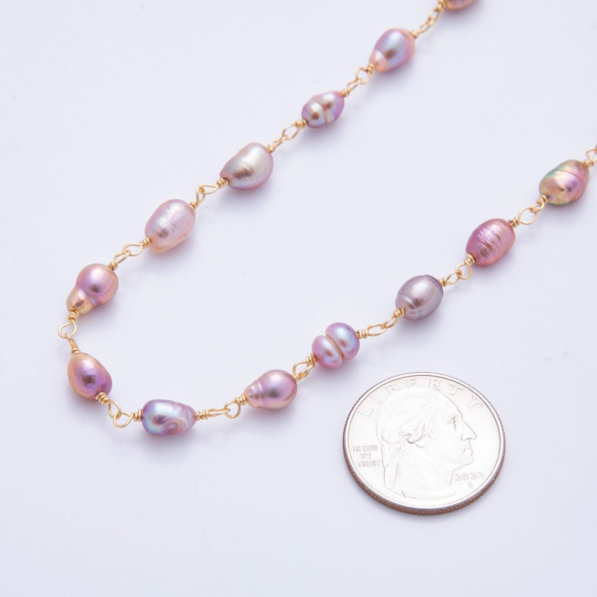White Pink Purple Color Pearl Rosary Chain 6mm Oval Potato Pearl Beads 18k Gold Filled Rosary Chain, Wire Wrapped Rosary Chain ROLL-1706