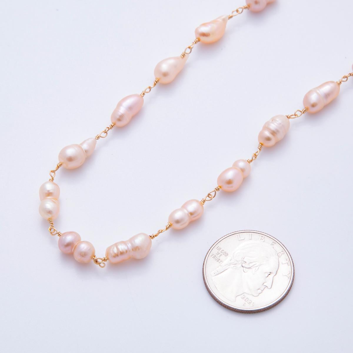 White Pink Purple Color Pearl Rosary Chain 6mm Oval Potato Pearl Beads 18k Gold Filled Rosary Chain, Wire Wrapped Rosary Chain ROLL-1706