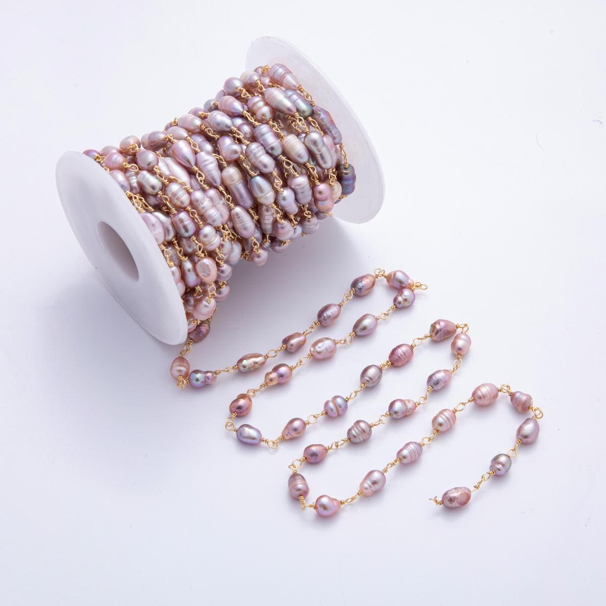 White Pink Purple Color Pearl Rosary Chain 6mm Oval Potato Pearl Beads 18k Gold Filled Rosary Chain, Wire Wrapped Rosary Chain ROLL-1706