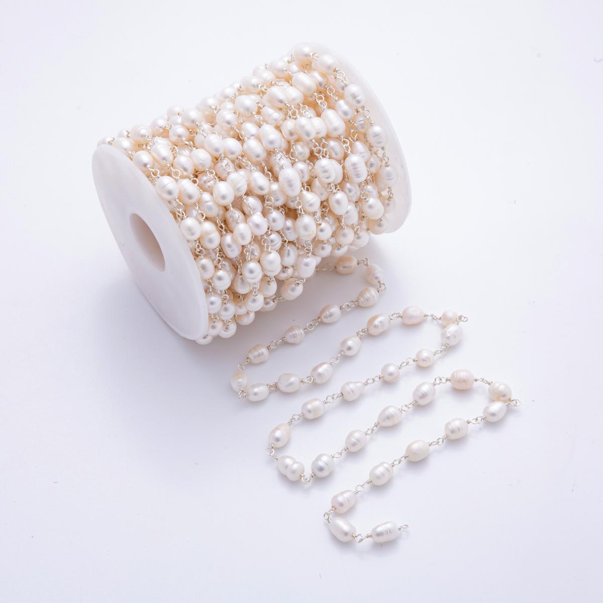 Pearl Rosary Chain 6mm Oval Potato Pearl Beads 18k Gold Filled Rosary Chain, Wire Wrapped Rosary Chain ROLL-1709