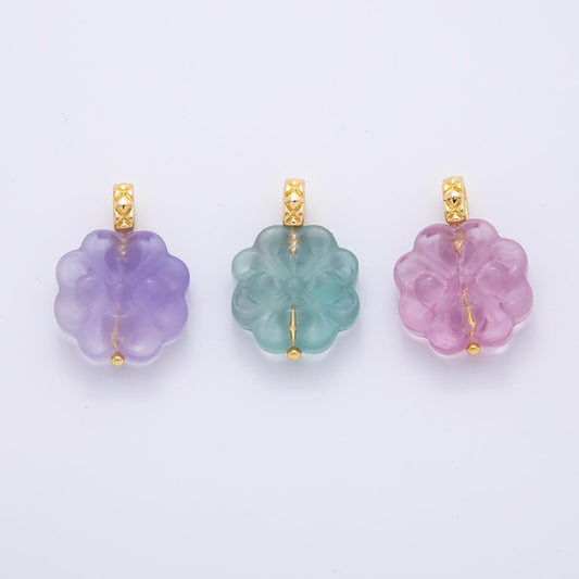 18k gold filled charm natural gemstone Fluorite Textured Flower Ornament pendant | E-071