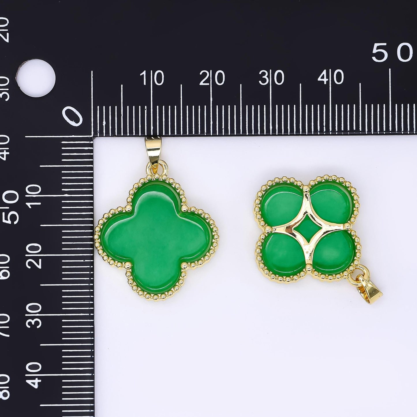 24K Gold Filled 24mm Natural Gemstone Jade Charm 4-Petals Lucky Clover Pendant | AA-1590