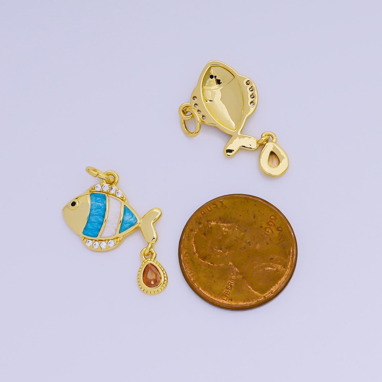 Dainty Gold Fish Pendant, 24K Gold Filled Blue Enamel Colored Micro Pave CZ Stone Fish Charm, Sea Life Animals Charm | AJ-393
