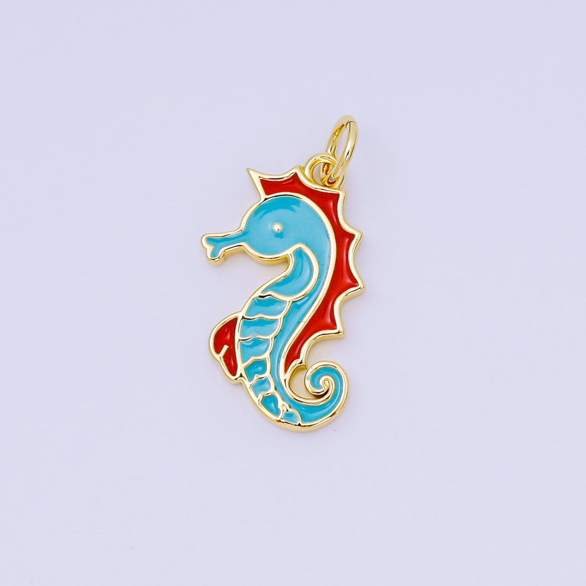 Dainty Gold Sea Horse Pendant, 24K Gold Filled Blue Enamel Colored Under The Sea Life Animals Charm | AJ-389