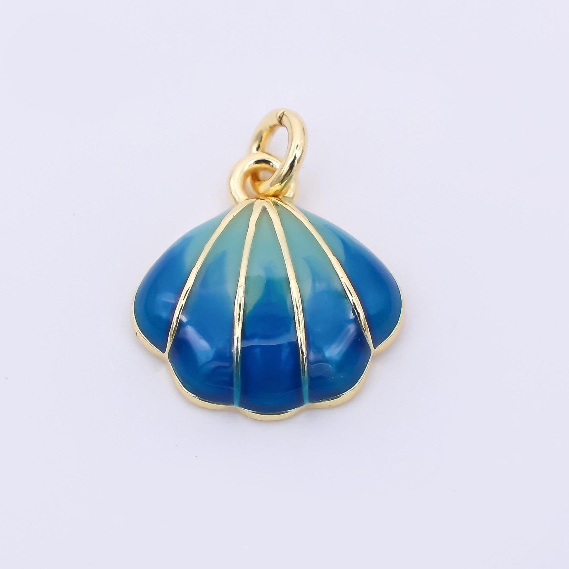24k gold fill Enamel Clam shaped pendant Beach Charm Green Blue Teal Stripes Pendant af-545
