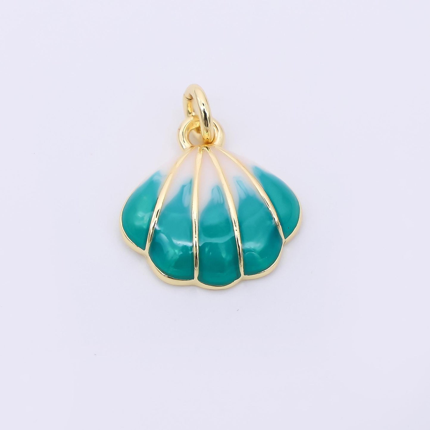 24k gold fill Enamel Clam shaped pendant Beach Charm Green Blue Teal Stripes Pendant af-545