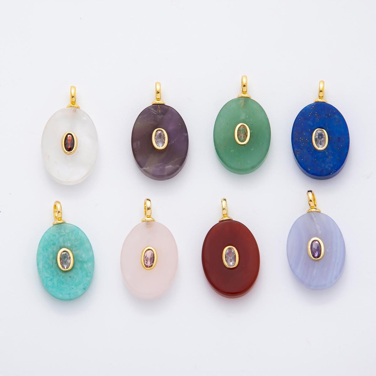 18K Gold Filled Natural Stone Pendant Oval Gemstone Charm Bracelet Necklace for DIY Jewelry Making Supply Birthstone Jewelry N-720