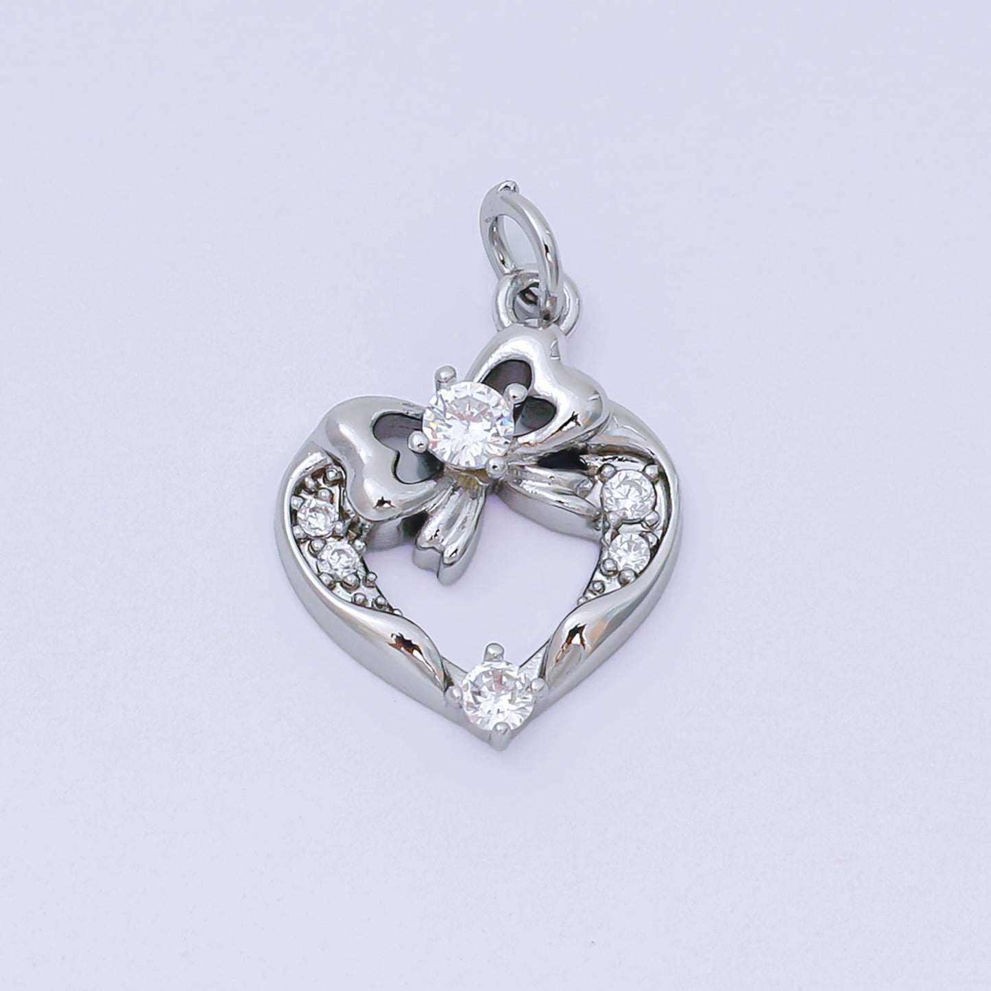 Gold Heart Charm Micro Pave Bow Charm Silver Cubic Charms, CZ Gold Cute Charm, Dainty Minimalist Jewelry Supply AJ-472