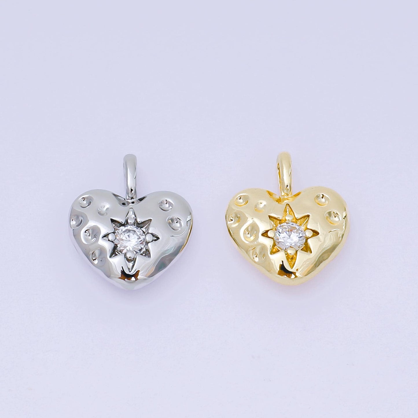 Dainty Puffy Gold Heart Charm with CZ Star On Heart Shape Pendant 24K Gold Filled charm AH-516