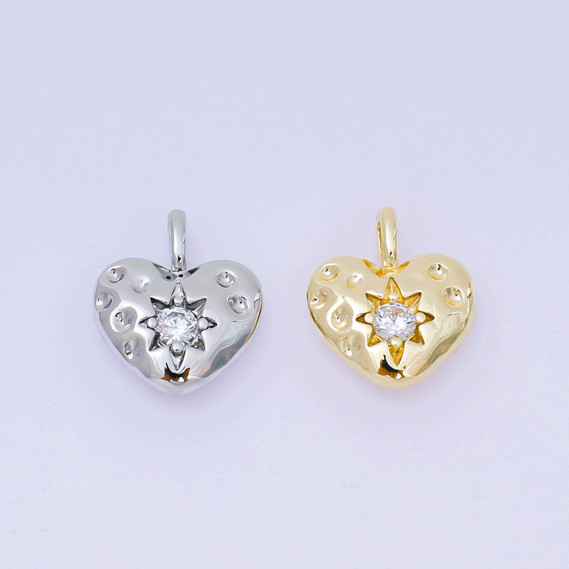 Dainty Puffy Gold Heart Charm with CZ Star On Heart Shape Pendant 24K Gold Filled charm AH-516
