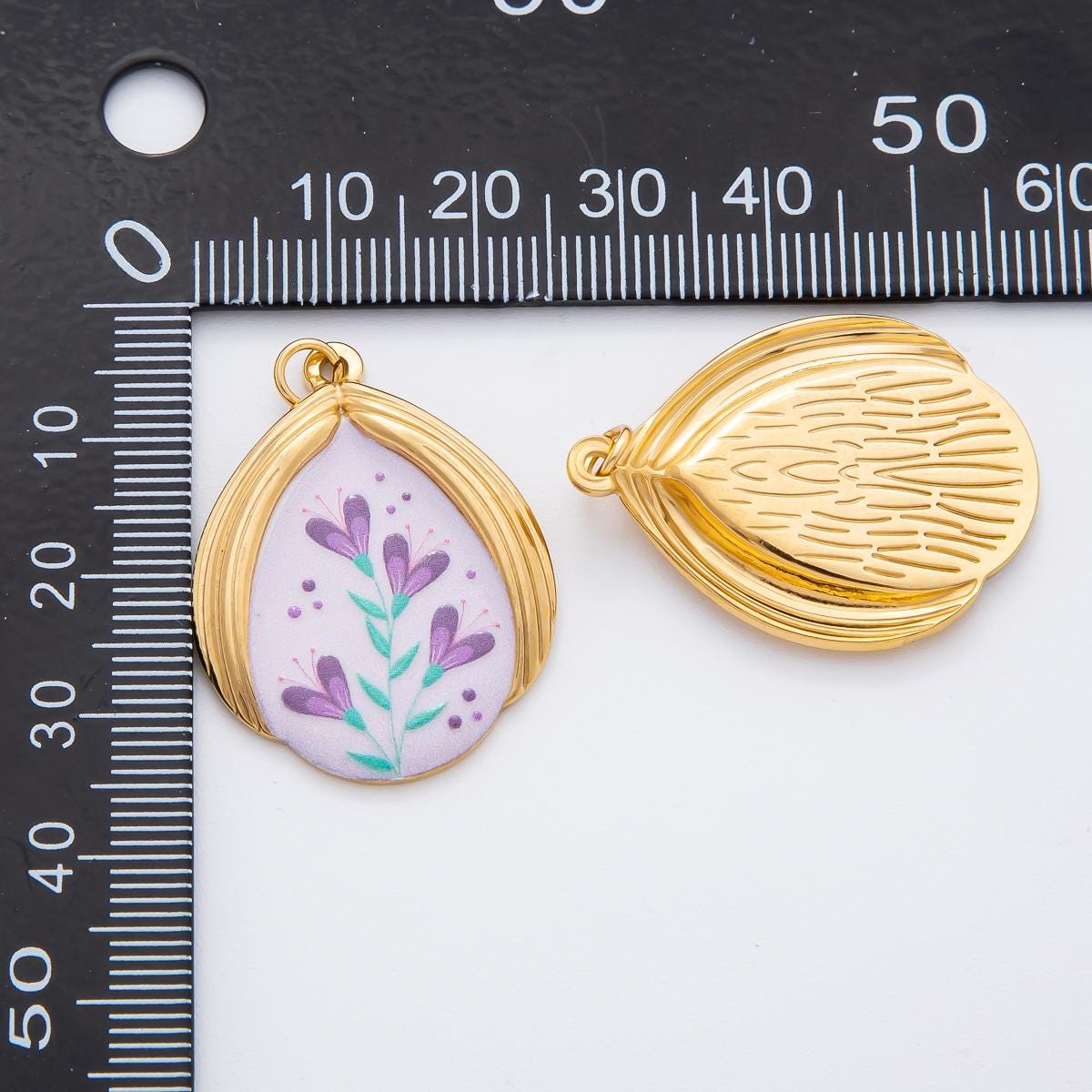 PVD Gold Stainless Steel Painted Lavender Flower Mediterranean Enamel Romantic Floral charm | J-797