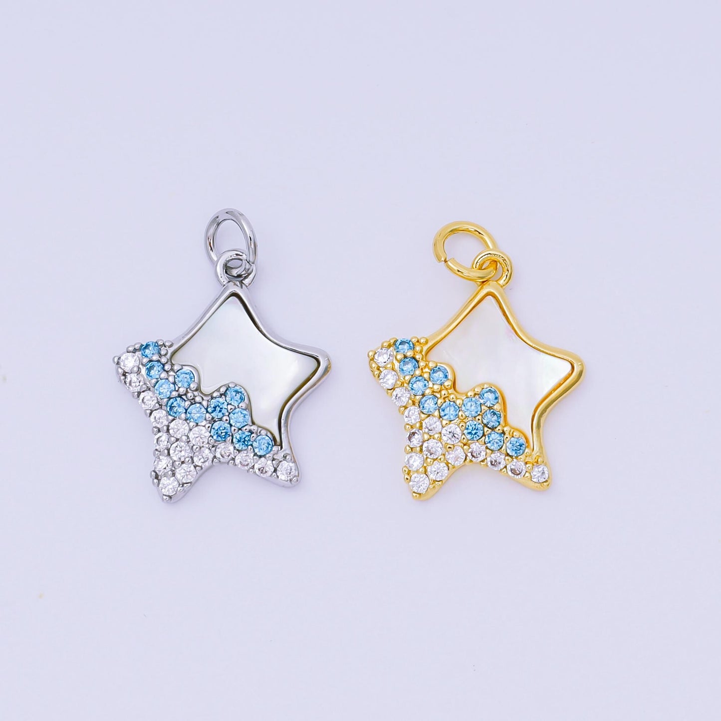 24K Gold Filled 17mm Sky Blue, Clear Micro Paved CZ Shell Pearl Dazzling Star Charm in Gold & Silver | AH-591