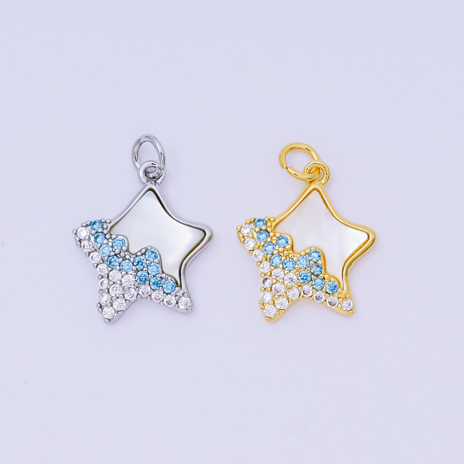 24K Gold Filled 17mm Sky Blue, Clear Micro Paved CZ Shell Pearl Dazzling Star Charm in Gold & Silver | AH-591