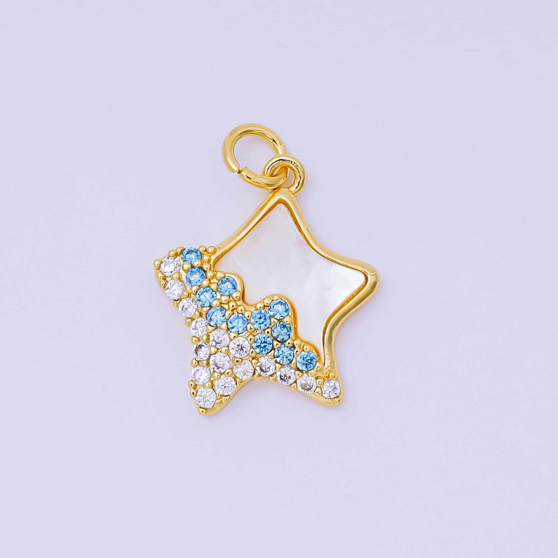 24K Gold Filled 17mm Sky Blue, Clear Micro Paved CZ Shell Pearl Dazzling Star Charm in Gold & Silver | AH-591