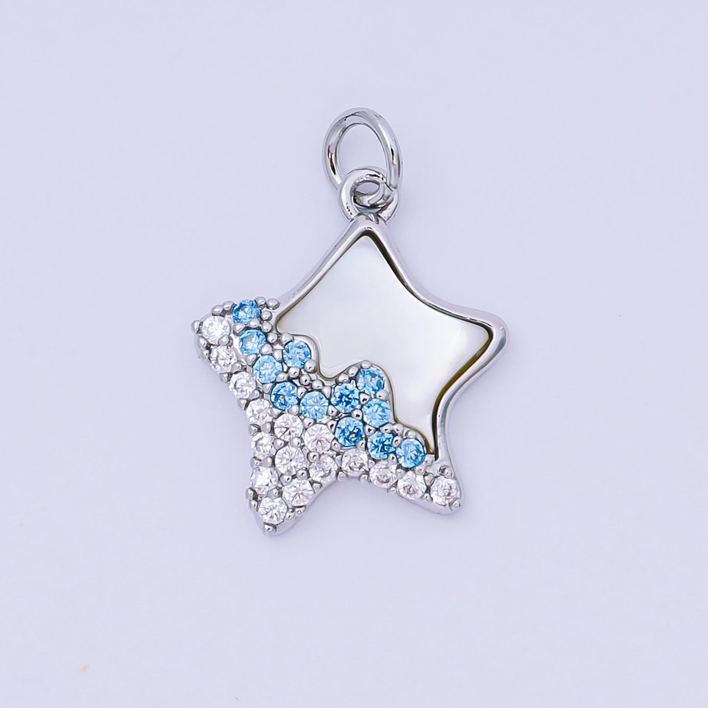 24K Gold Filled 17mm Sky Blue, Clear Micro Paved CZ Shell Pearl Dazzling Star Charm in Gold & Silver | AH-591