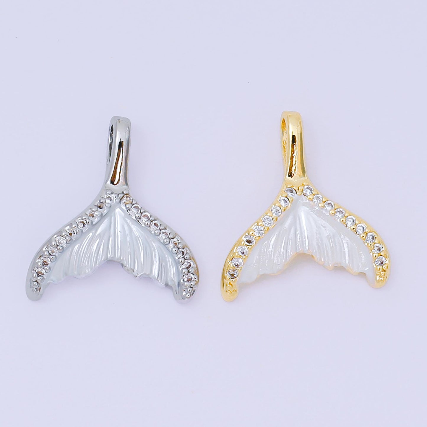 24K Gold Filled 16mm Micro Paved CZ Shell Pearl Mermaid Tail Fish Pendant in Gold & Silver | AA-1575