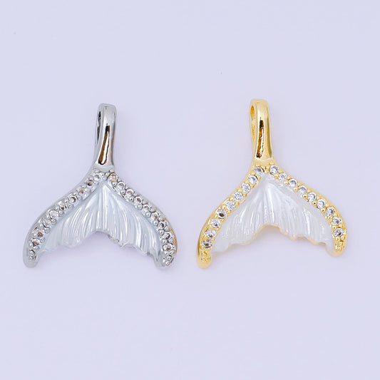 24K Gold Filled 16mm Micro Paved CZ Shell Pearl Mermaid Tail Fish Pendant in Gold & Silver | AA-1575