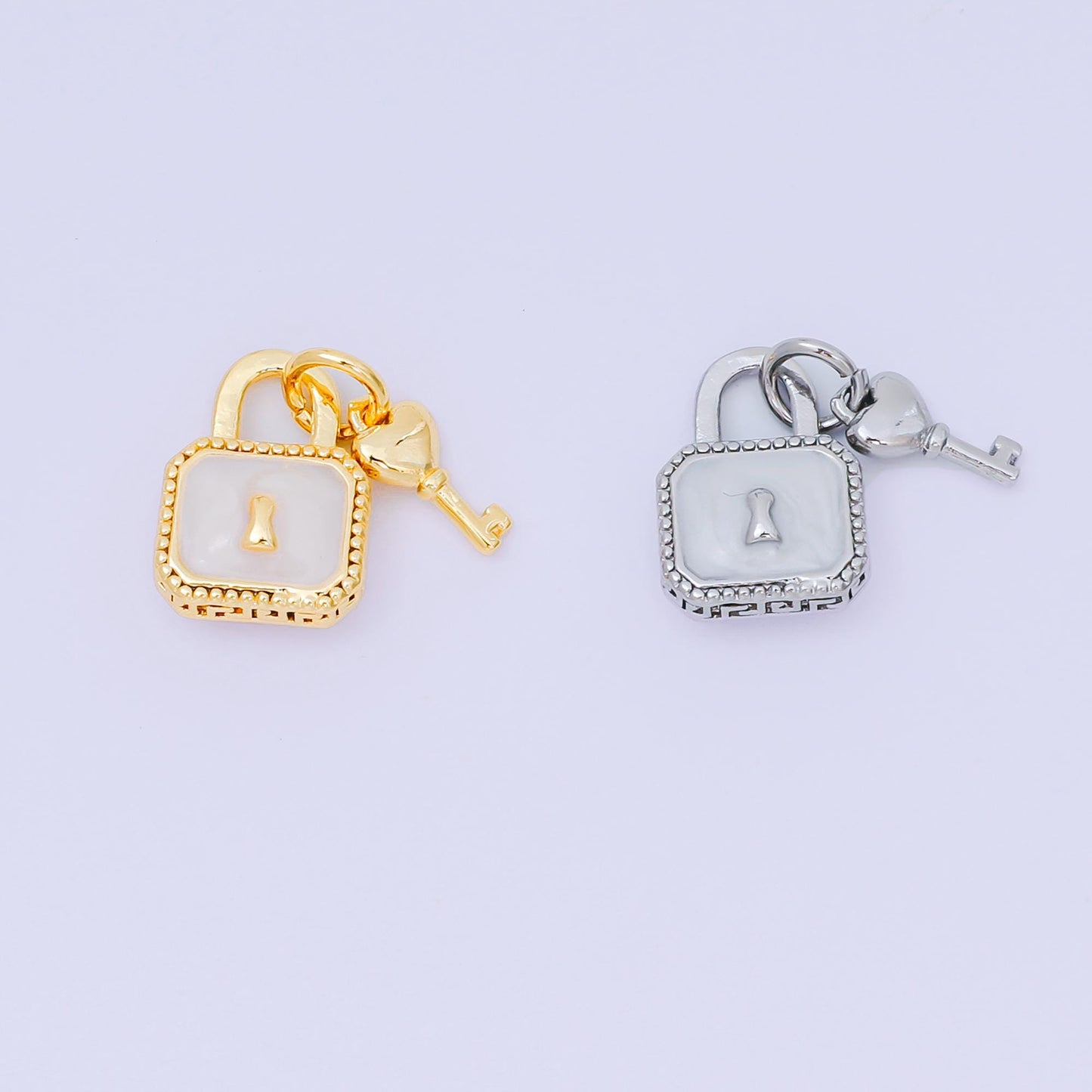 24K Gold Filled 16mm Mother of Pearl Unlock the Padlock, Heart of Key Charm in Gold & Silver | AH-592