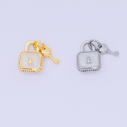24K Gold Filled 16mm Mother of Pearl Unlock the Padlock, Heart of Key Charm in Gold & Silver | AH-592