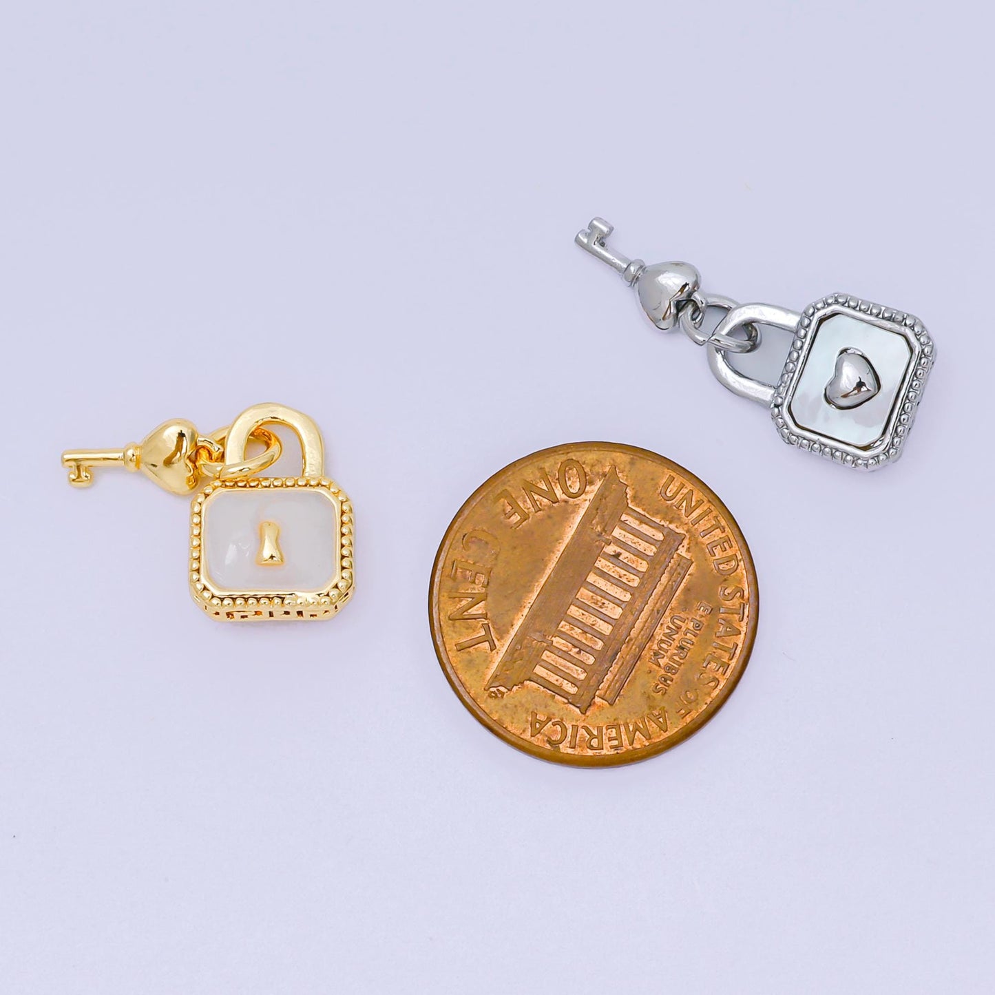24K Gold Filled 16mm Mother of Pearl Unlock the Padlock, Heart of Key Charm in Gold & Silver | AH-592