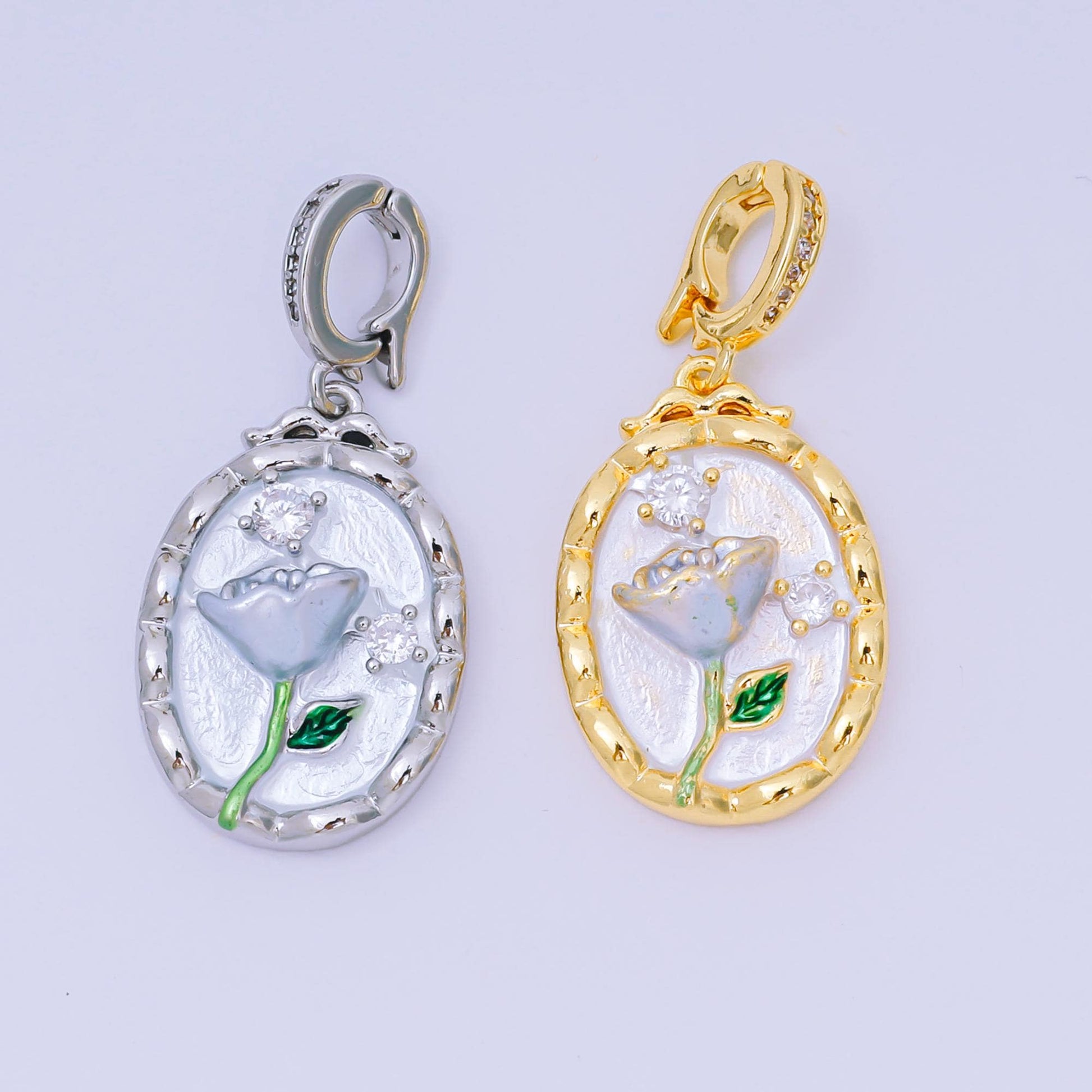 24K Gold Filled 23mm Micro Paved CZ Enamel Art Frame of Flower Charm in Gold & Silver | AA-1574