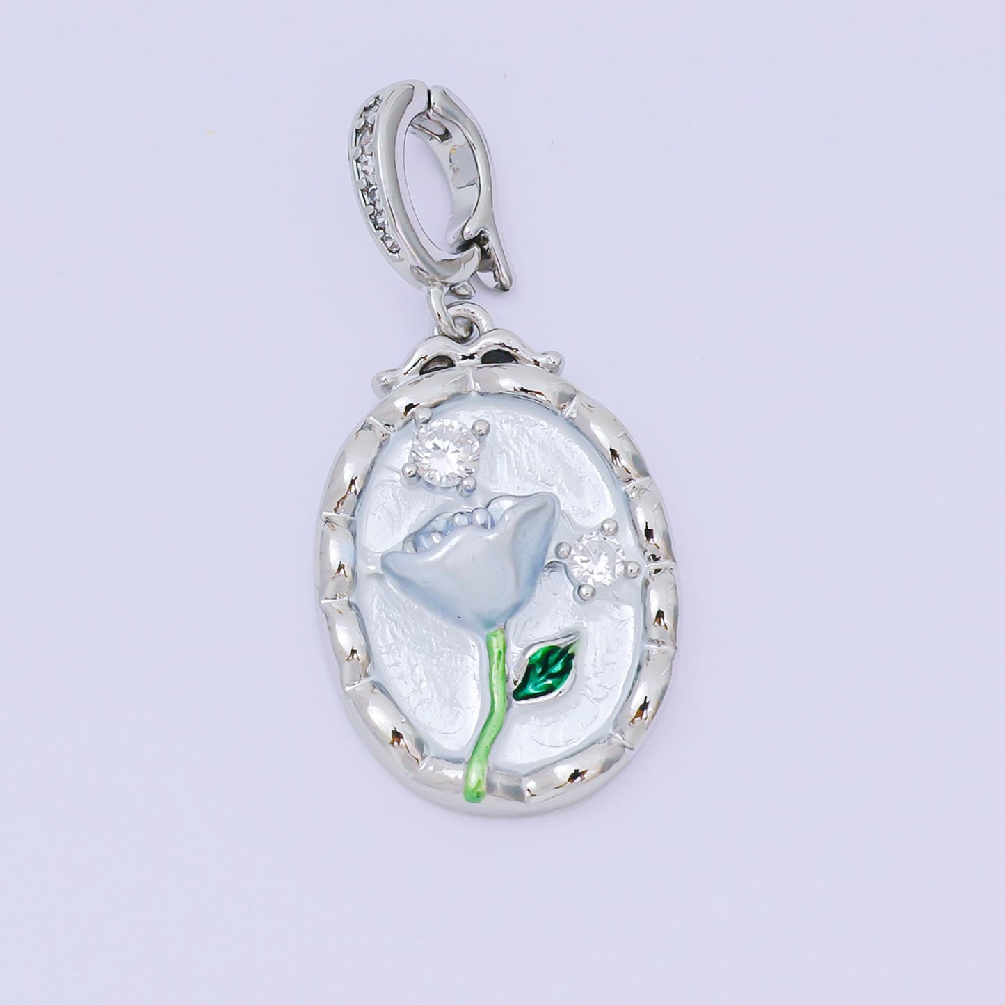 24K Gold Filled 23mm Micro Paved CZ Enamel Art Frame of Flower Charm in Gold & Silver | AA-1574