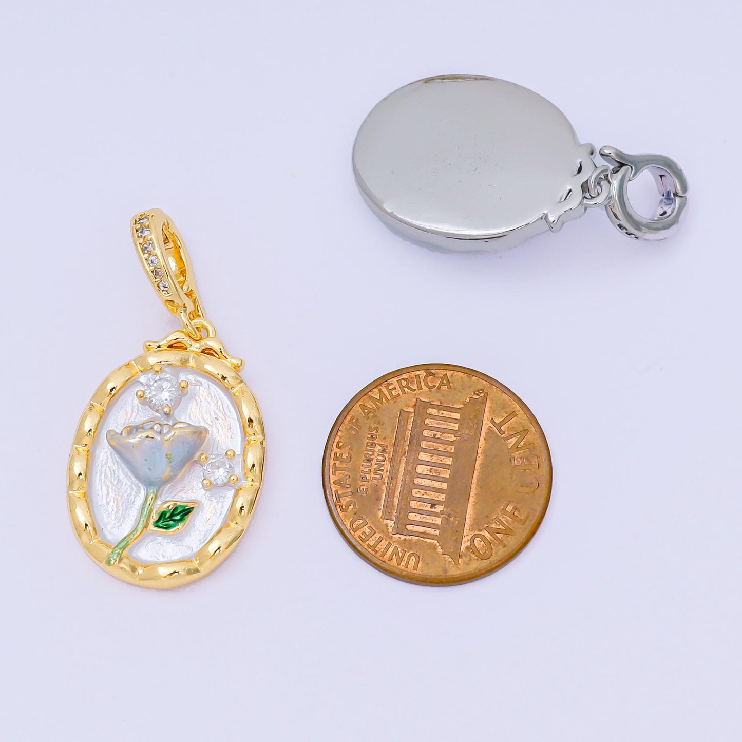 24K Gold Filled 23mm Micro Paved CZ Enamel Art Frame of Flower Charm in Gold & Silver | AA-1574