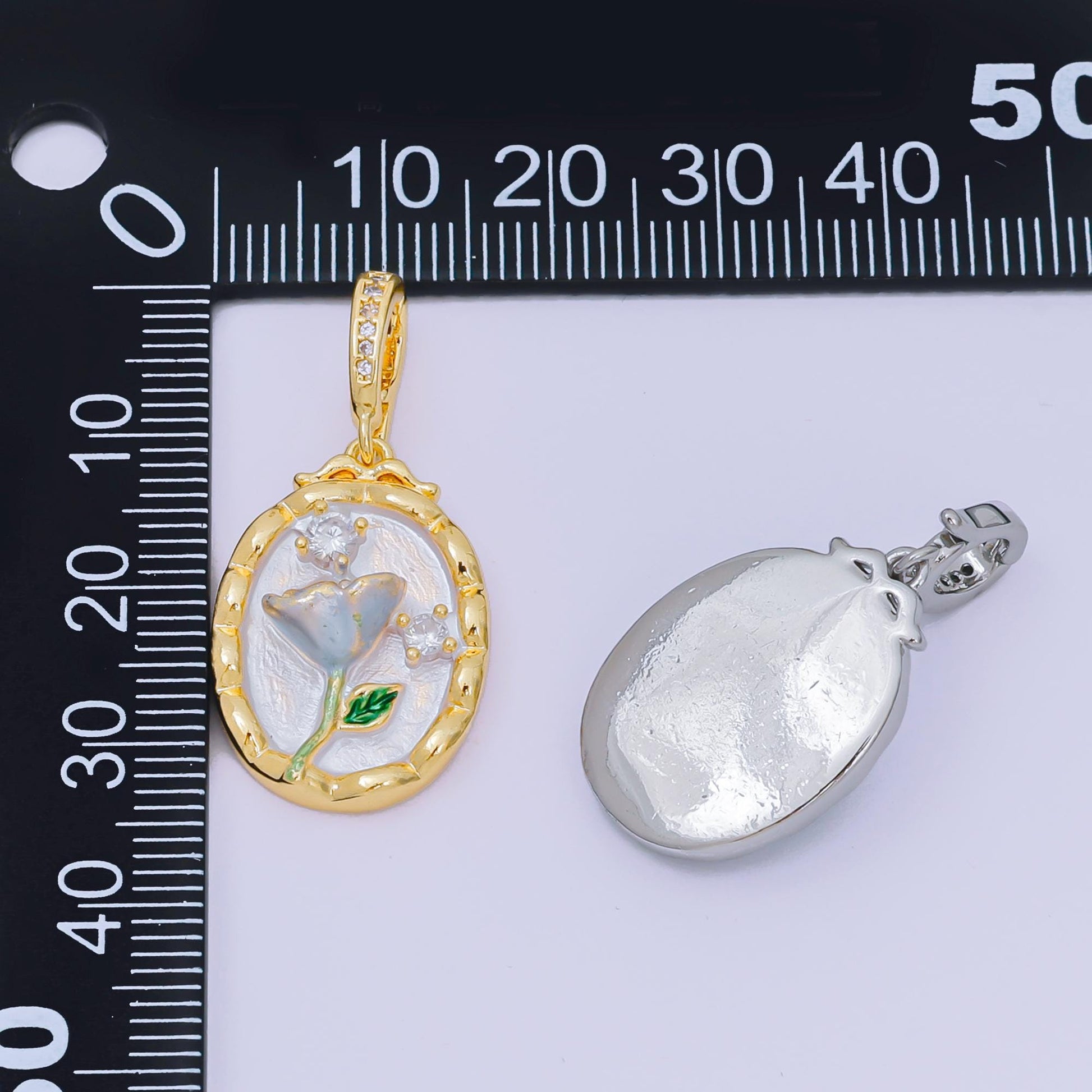 24K Gold Filled 23mm Micro Paved CZ Enamel Art Frame of Flower Charm in Gold & Silver | AA-1574