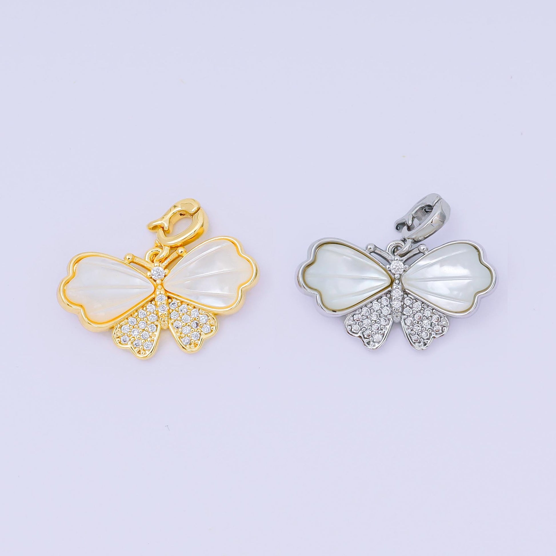 24K Gold Filled 12mm Micro Paved CZ Mother of Pearl Magnificent Mariposa Butterfly Pendant in Gold & Silver | AA-1576