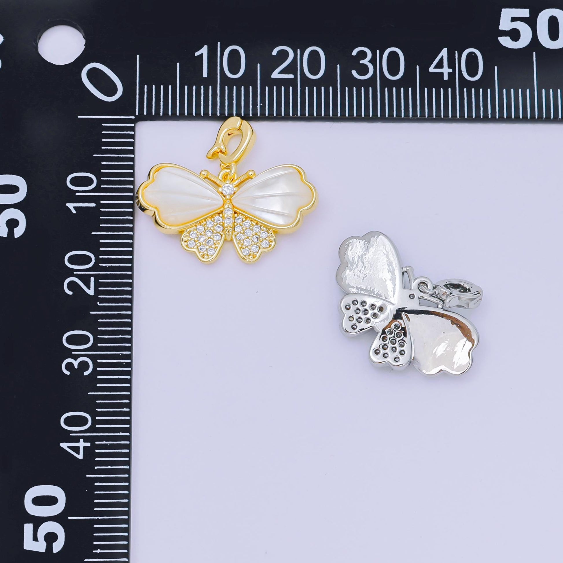24K Gold Filled 12mm Micro Paved CZ Mother of Pearl Magnificent Mariposa Butterfly Pendant in Gold & Silver | AA-1576
