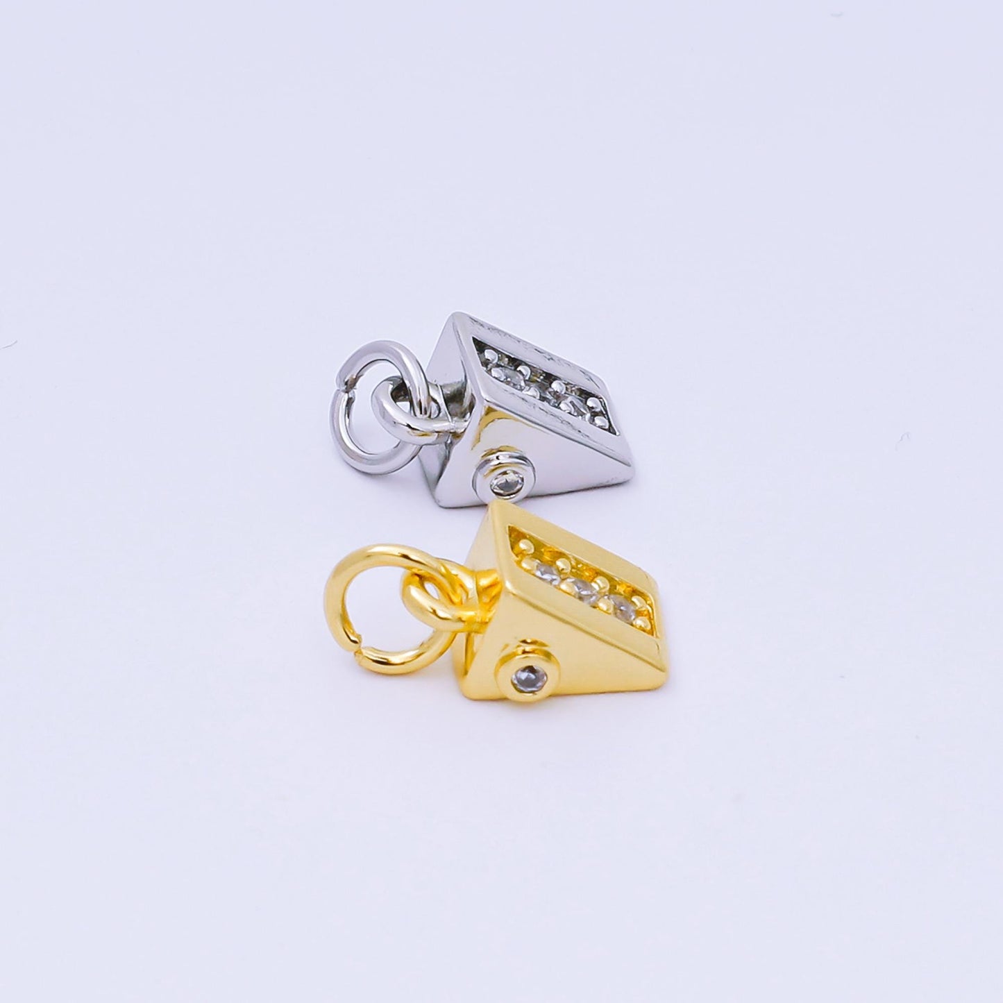 24K Gold Filled 10mm Micro Paved CZ Slice of Cheese Cake Triangle Charm in Gold & Silver | AH-584