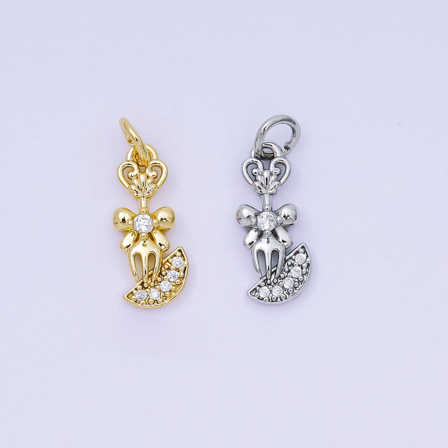 24K Gold Filled 16mm Micro Paved CZ Shiny Fork Bow Tie Charm in Gold & Silver | AH-590