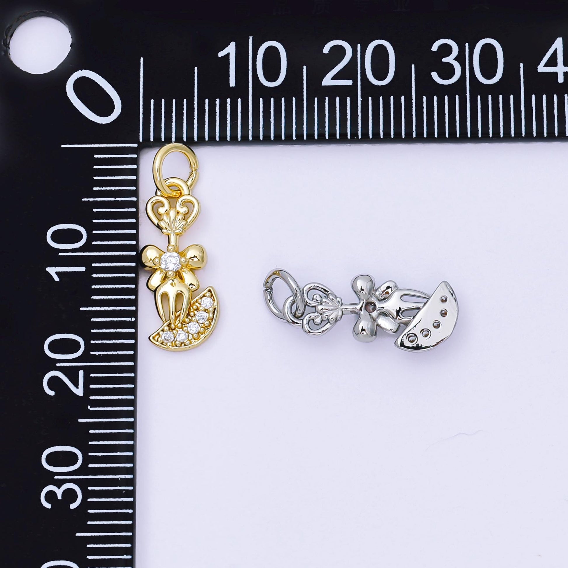 24K Gold Filled 16mm Micro Paved CZ Shiny Fork Bow Tie Charm in Gold & Silver | AH-590